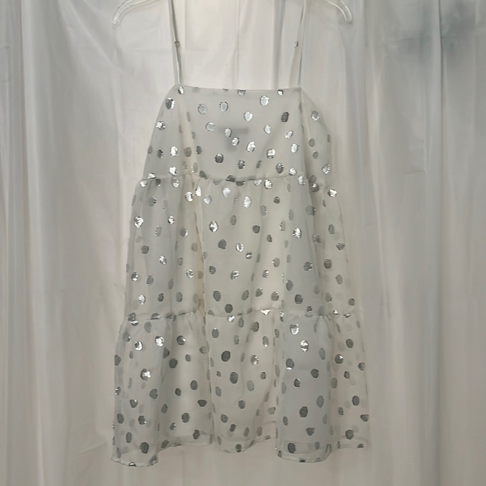 Sparkly, white and silver, flowy, spaghetti strap mini dress